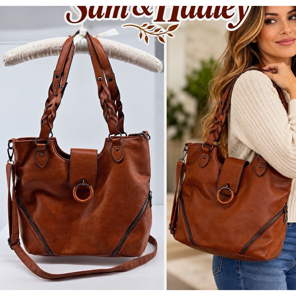 Sam & Hadley Brown Faux Leather Hobo Shoulder Bag Braided Handles Crossbody